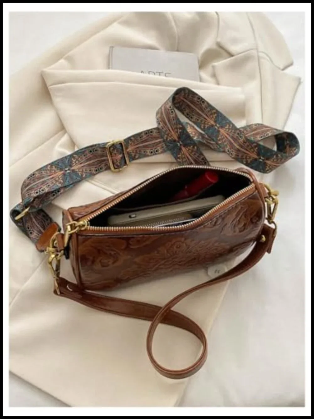 Vintage Western Floral Tooled Leather Crossbody Hobo Purse Square Country
